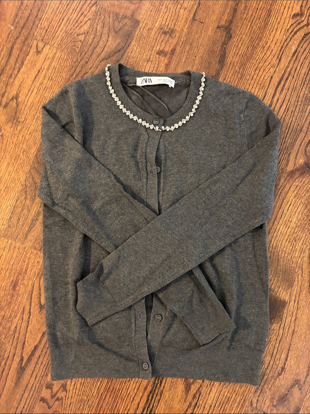 ZARA Dark Gray Embellished Crewneck Cardigan